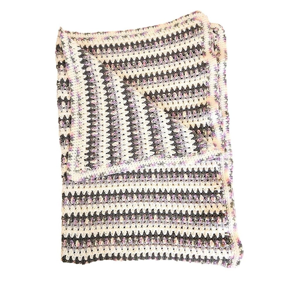 Hand Crocheted Throw in Double Stitch Pattern- Pink, Grey, and White